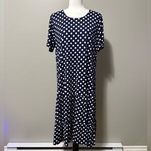 Olsen Short Sleeve Jersey Knit T-Shirt Dress Tiered Hem Blue and White Dot
